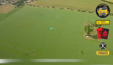 Drone footage of a Russian "Privet-82" loitering UAV getting intercepted by a Ukrainian FPV quad.