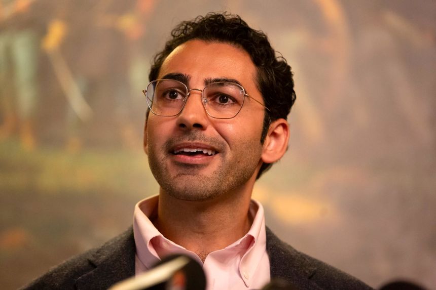 Mohsen Mahdawi speaks during a press conference announcing the launch of the Vermont Immigration Legal Defense Fund in the Cedar Creek Reception Room at the Vermont State House on Thursday, May 8, 2025, in Montpelier, Vermont. 