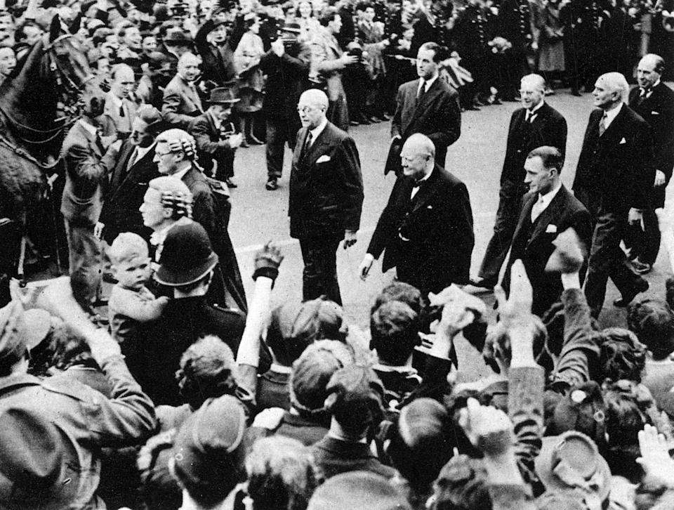 V-E Day Events, 8 May 1945.On V-E Day the Prime Minister and members of the House of Commons informally attended a Thanksgiving Service at St Margaret's Church, London, England, amid cheering crowds. 19 May 1945