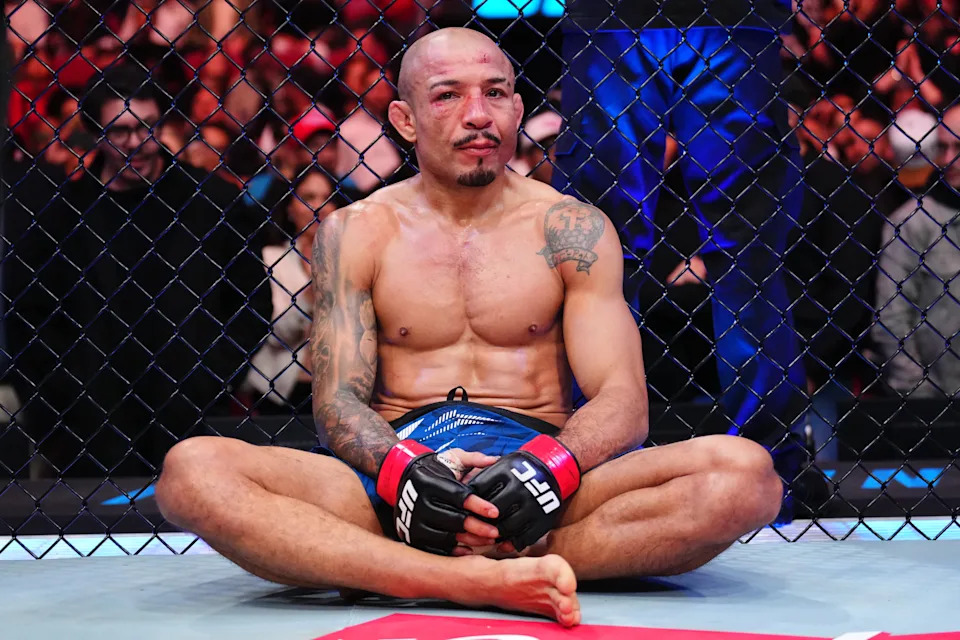 MONTREAL, QUEBEC - MAY 10: Jose Aldo of Brazil reacts after a decision loss against Aiemann Zahabi of Canada in a featherweight bout during the UFC 315 event at Bell Centre on May 10, 2025 in Montreal, Quebec. (Photo by Chris Unger/Zuffa LLC)