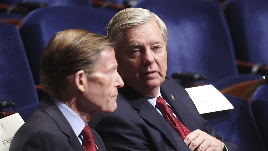 Senators Richard Blumentha and Lindsey Graham with Ukrainian President Volodymyr Zelenskyy.