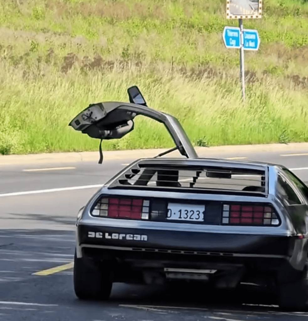 Cyclist meets Delorean in Switzerland