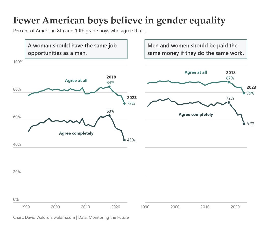 [OC] Fewer American boys are supporting gender equality