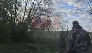 Russian soldiers on a bridge gets hit by Ukrainian strike near Tyotkino, Kursk Oblast. May 2025