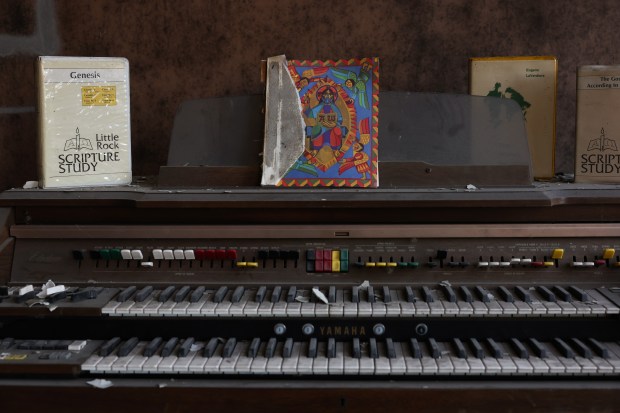 An organ is left in a classroom in the former...