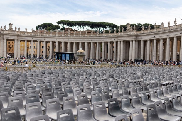 Chairs are set up in St. Peter’s Square on May...