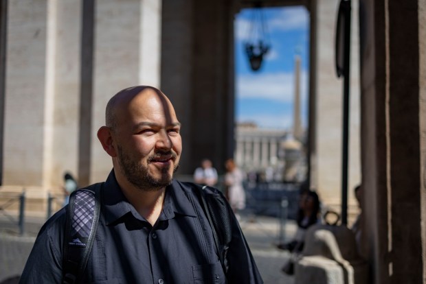 Rev. Homero Sanchez, of St. Rita of Cascia in Chicago, stands outside the Augustinian General Casio next to St. Peter's Square on May 16, 2025, after arriving in Rome for the installation of Pope Leo XIV at the Vatican. (Brian Cassella/Chicago Tribune)