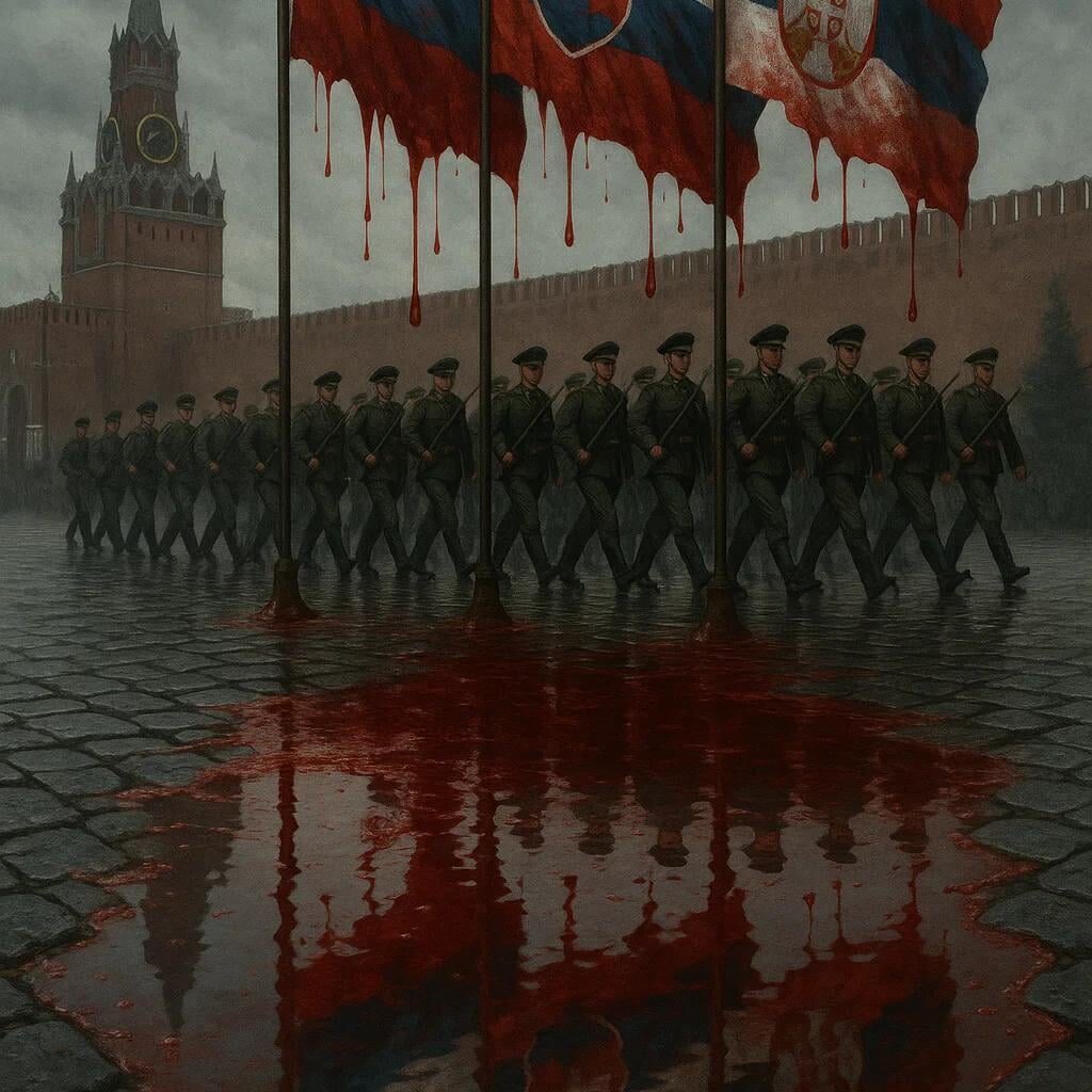 At Moscow’s parade, Slovak and Serbian flags wave beside Russia’s—drenched in ceremony, deaf to screams of killed civilians from Bucha, Irpin and Izium. At the same time, Russians bomb Ukrainian cities, civilians, children. It’s truly grotesque: genocidal troops are marching, and guests applaud.