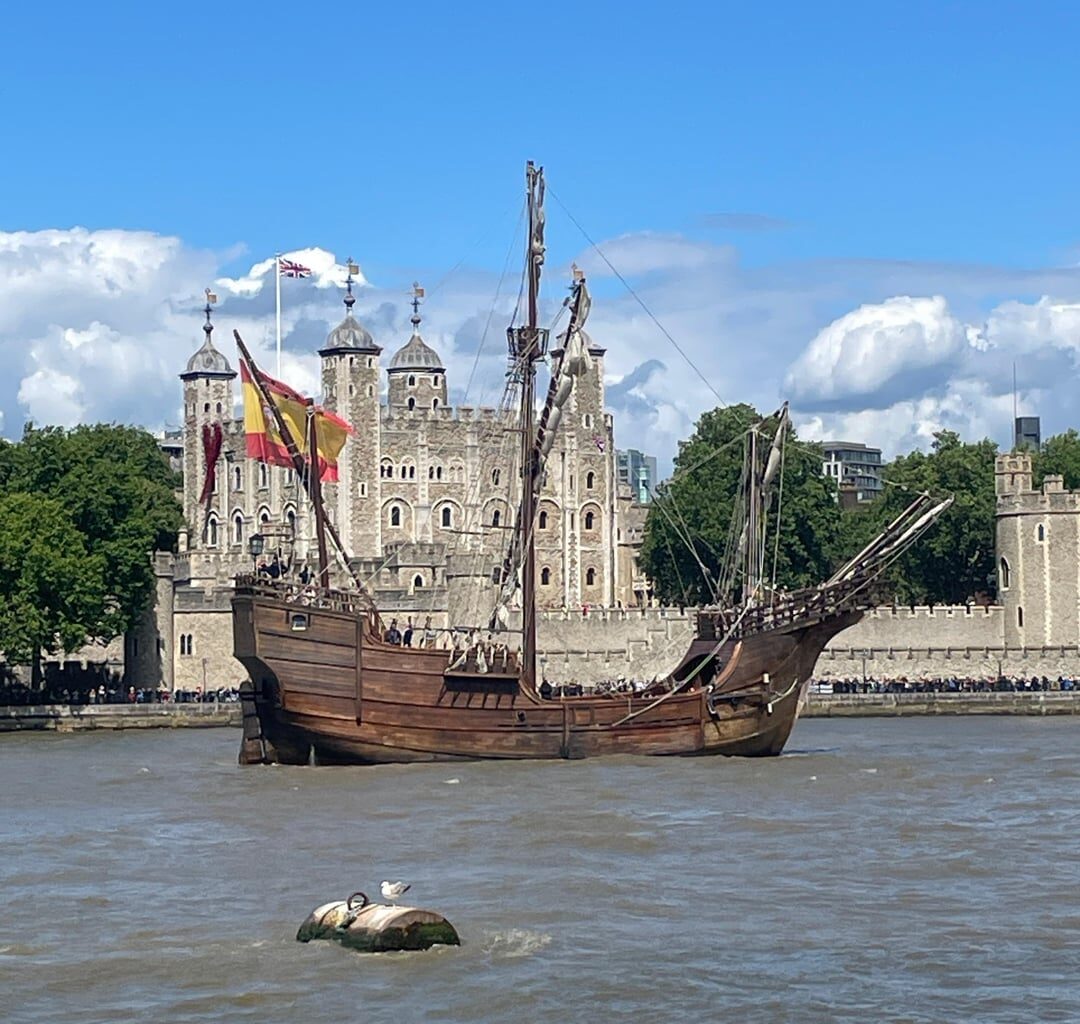 The Santa Maria arriving at Tower Bridge this afternoon