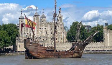 The Santa Maria arriving at Tower Bridge this afternoon