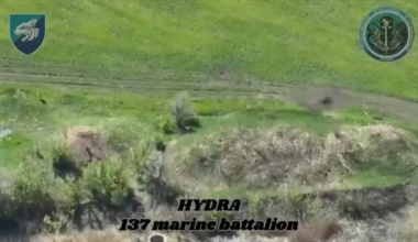 A Russian soldier was resting against a tree and was hit by FPV drone from the 137th marine Battalion. He flew 9 meters into a dried up river bed. (Sound effects and music from sourcs)