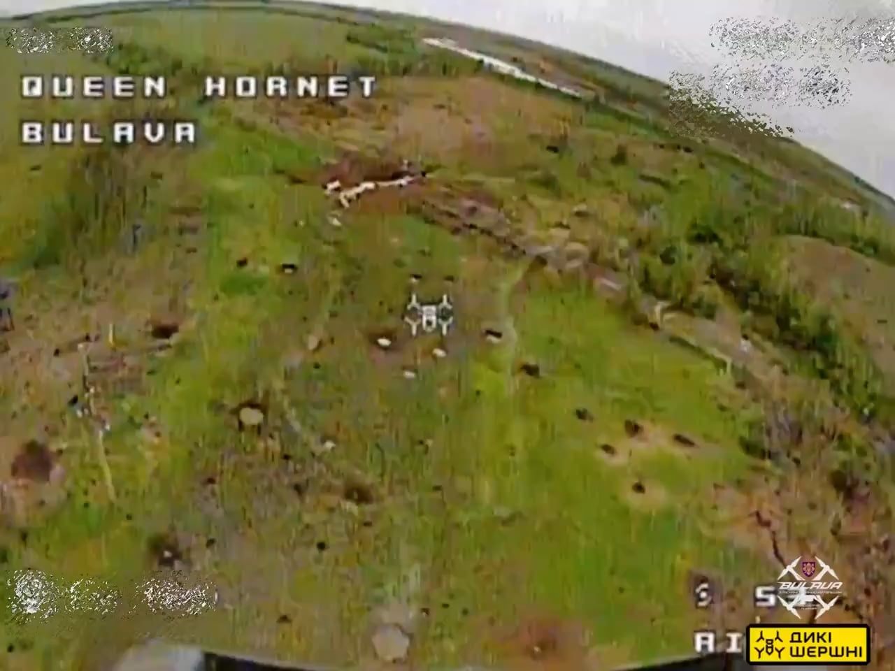 A Ukrainian FPV quad uses an attached grenade launcher during a strafing run to target a Russian soldier and their position.