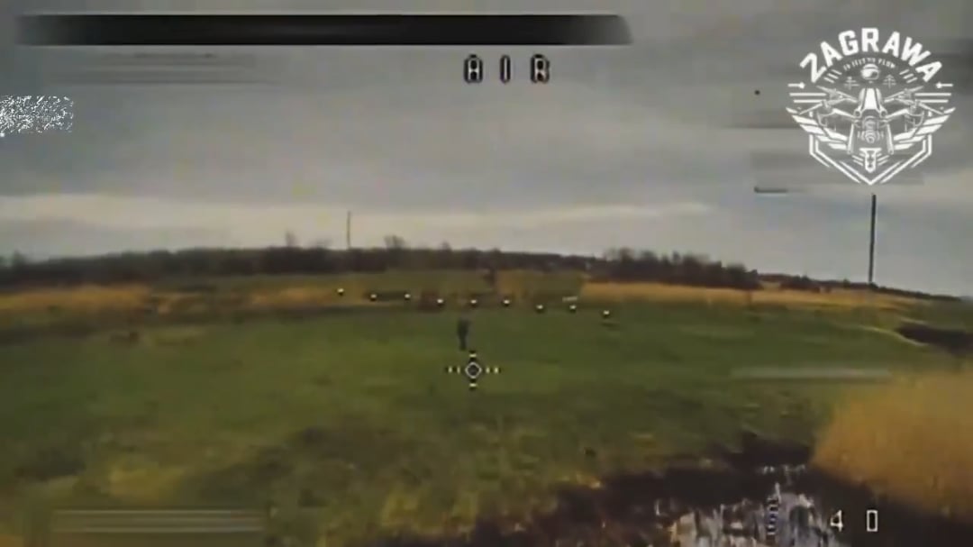A Ukrainian FPV spots and engages a wounded Russian walking across a field, dodging swings from the Soliders makeshift cane.