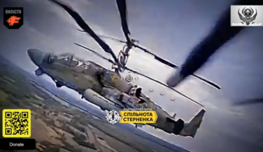 Russian Ka-52 helicopter hunted and attacked by a Ukrainian FPV drone of the SSO unit "Bombus Group". May 2025, Kursk region. [Published 16.05.2025]