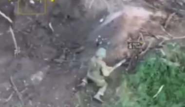 A Russian soldier decides to defuse an unexploded Ukrainian FPV quad with a stick.