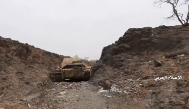 Houthis seized a Yemeni army tank on the front east of Sanaa and tried to move it, and filmed it as it was destroyed and bombed by the Saudi Air Force.