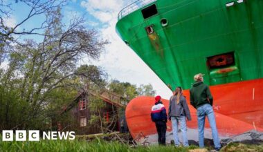 Man in Norway wakes to find huge container ship in garden