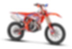 Red, white, and blue dirt bike on a white background. The bike has knobby tires, a visible exhaust, and aggressive styling with various decals.