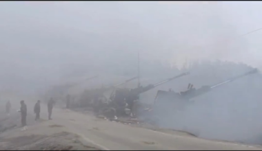 A Indian battery of either 155mm ATAGS or OFB Dhanush fire a volley at Pakistani army postions along the Loc