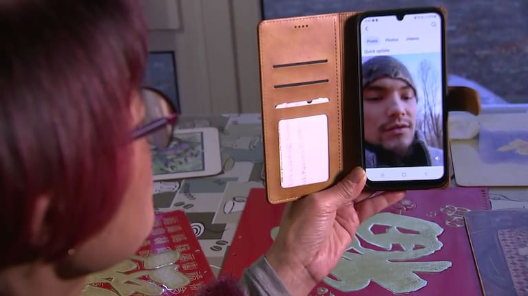 Elis Kearns plays the last video she received from her son before his death.