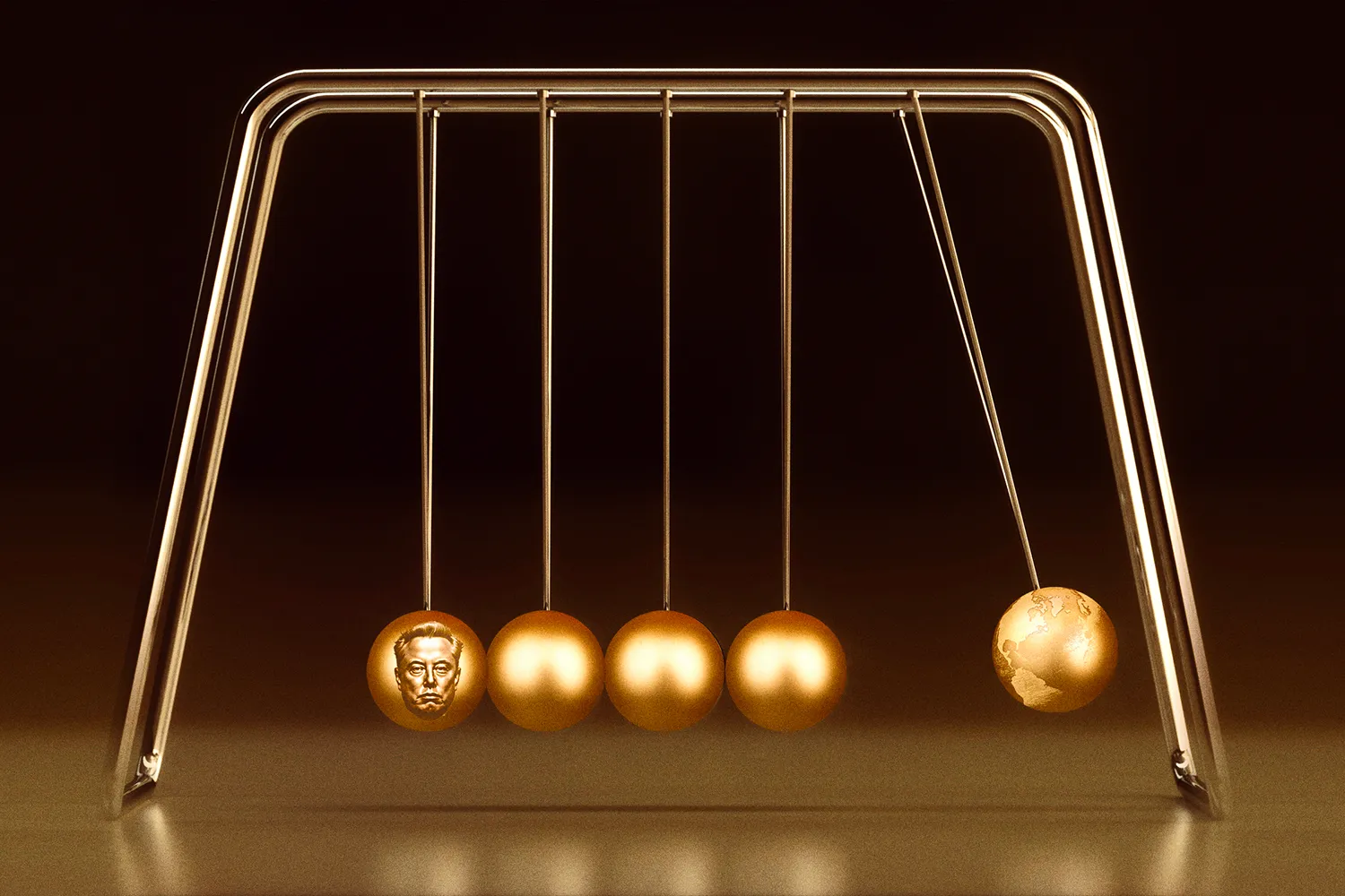 An illustration shows a golden Newtons cradle with Elon Musk depicted on the one at left and sending a globe-motif ball swinging at right.