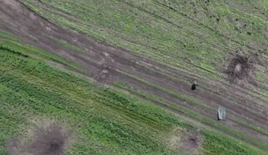 Ukrainian drone munition nicknamed "footcrusher" hits a Russian soldier at long range. May 2025, location unknown