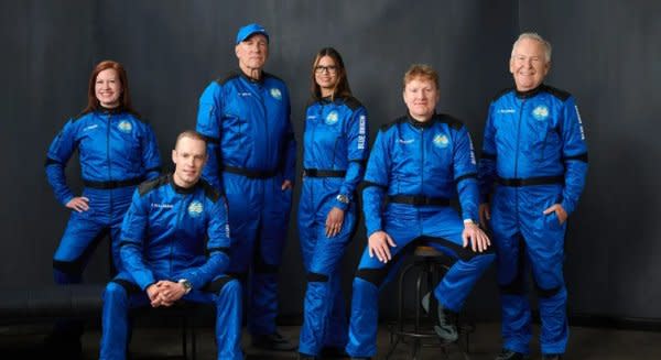 The NS-32 crew, from left to right: Dr. Gretchen Green, Jesse Williams, Paul Jeris, Aymette Medina Jorge, Mark Rocket, and Jaime Aleman. Photo by Blue Origin
