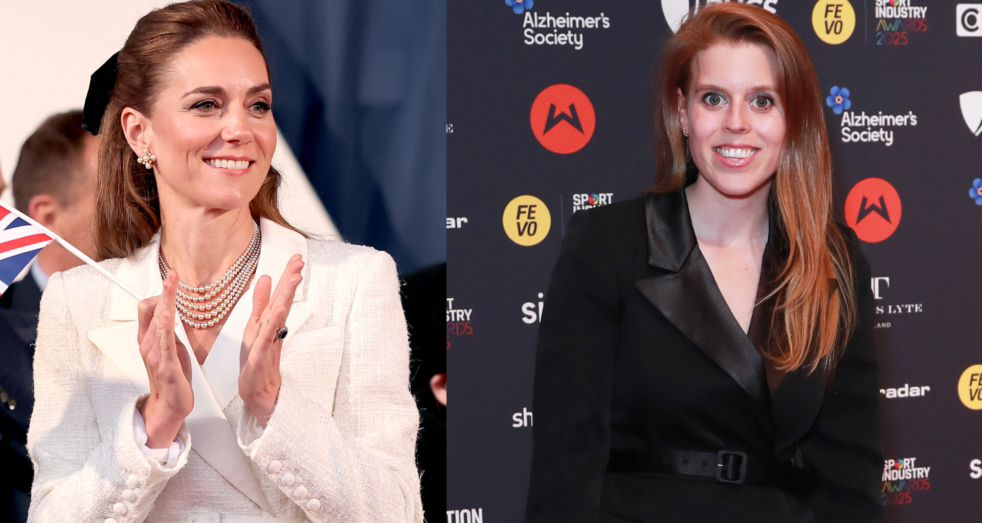 Kate Middleton wearing a white blazer dress and clapping next to a picture of Princess Beatrice wearing the same dress in black on a red carpet