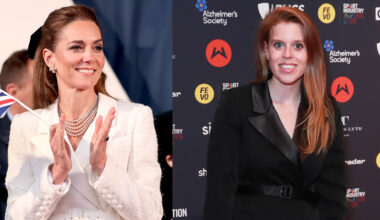 Kate Middleton wearing a white blazer dress and clapping next to a picture of Princess Beatrice wearing the same dress in black on a red carpet