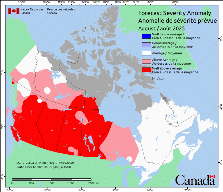 August's fire weather forecast shows almost all of Western Canada could expect well-above average fire weather severity.