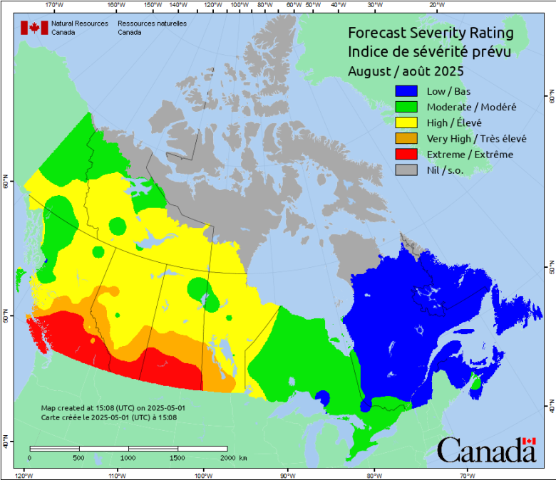 August's fire weather forecast shows level 5-of-5 fire weather severity is expected over Western Canada's major population centers.