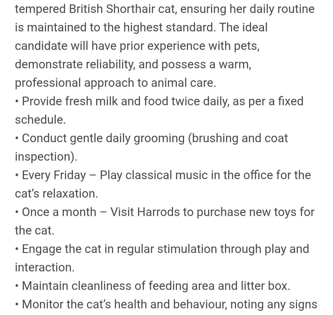 This cat sitter job pays £65 per hour and requires that you play classical music for them