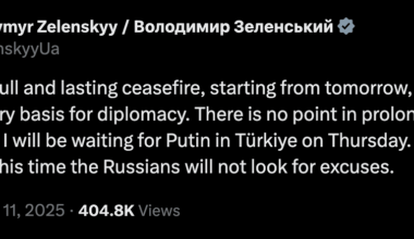 Zelensky says that a full and lasting ceasefire may begin tomorrow, and he will personally be waiting for Putin in Türkiye on Thursday