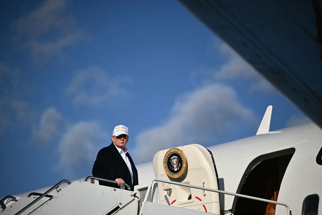 US President Donald Trump boards Air Force One upon departure at Morristown Municipal Airport in Morristown, New Jersey, on April 27, 2025. Trump is returning to Washington, DC, from his residence in Bedminster, New Jersey, after traveling to Rome for the funeral of Pope Francis.