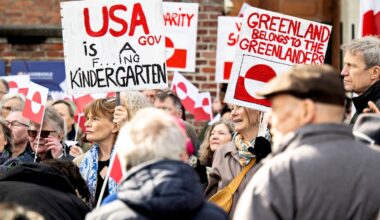 People protest against the American pressure taking place against Greenland and Denmark, in front of the American Embassy in Copenhagen on March 29, 2025.