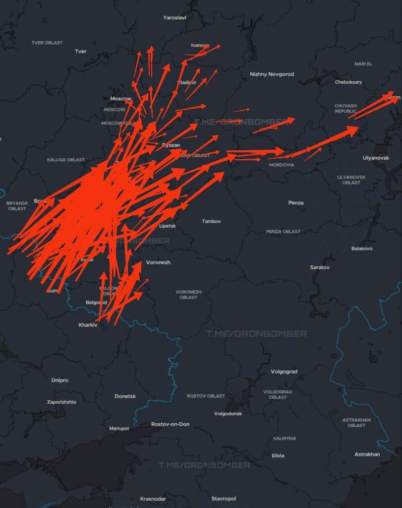 Ukrainian long-range drones are attacking Russian military installations. The information is current at 23:15.