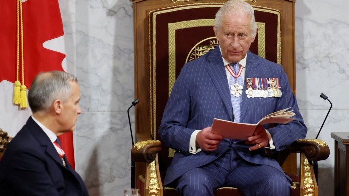 Canada’s head of state King Charles III delivers the opening speech for parliament in Ottawa on May 27 beside Prime Minister Mark Carney