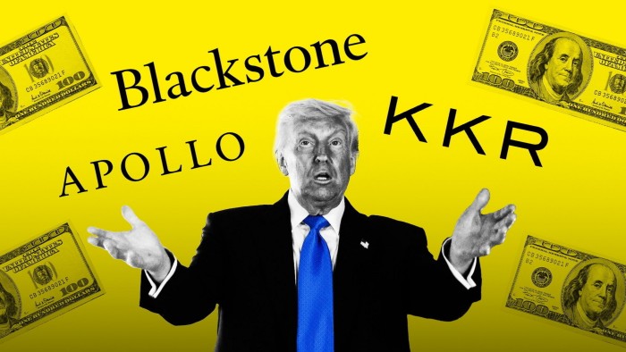 A montage of Donald Trump, the logos of Blackstone, KKR and Apollo and $100 bills on a yellow background
