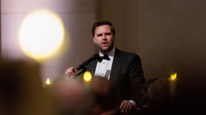 JD Vance speaking at a podium during the Vice Presidential Dinner at the National Gallery of Art on January 18 2025