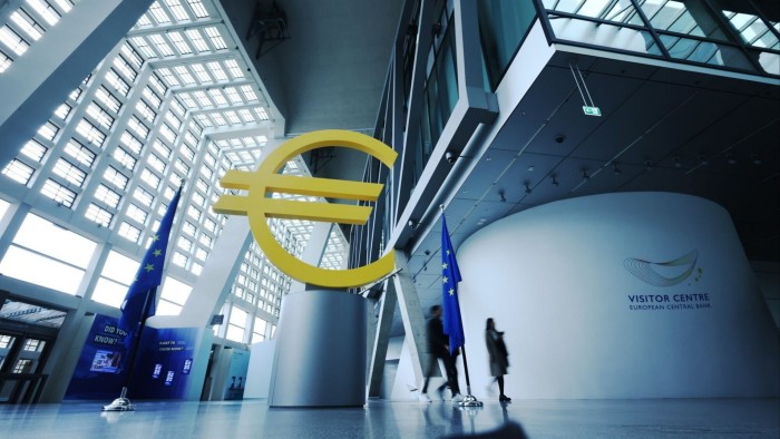 A euro symbol statue at the headquarters of the European Central Bank