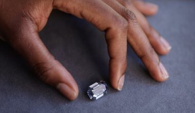 The De Beers Cullinan Blue diamond is shown before being auctioned at Sotheby’s in New York City in 2022