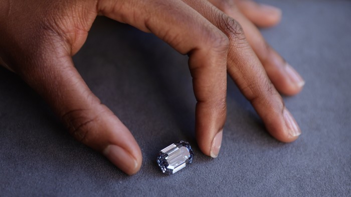 The De Beers Cullinan Blue diamond is shown before being auctioned at Sotheby’s in New York City in 2022