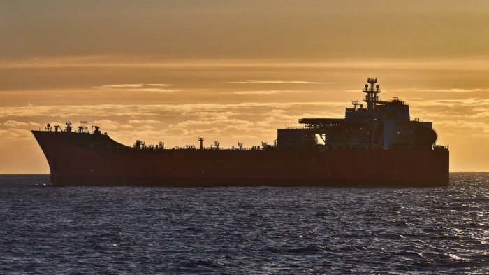 Silhouette of an oil tanker at sea