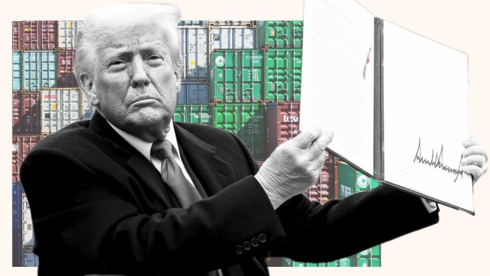 Montage of shipping containers and Donald Trump holding a document displaying an executive order