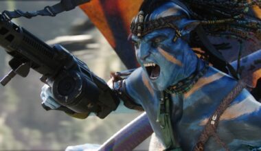A still from the film Avatar, where the lead character rides a giant beast into battle