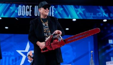 Elon Musk wields a chainsaw at the Conservative Political Action Conference in February