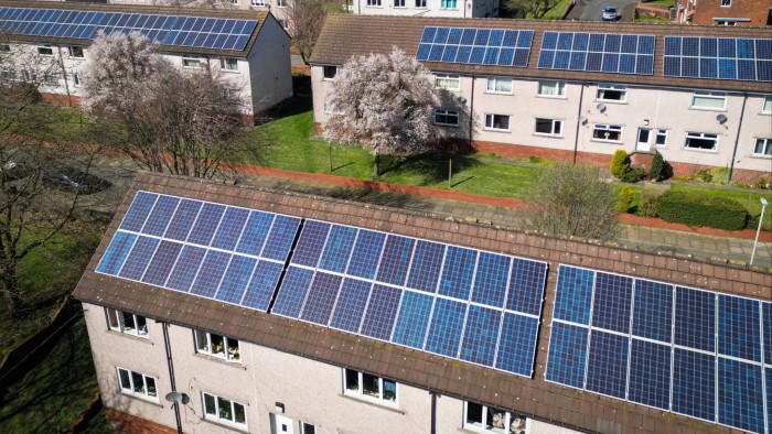 Solar panels on the roofs of homes in Colne, England