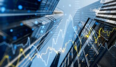 A double exposure image of skyscrapers with overlay of financial graphs, set against a blurred background, illustrating the concept of business growth
