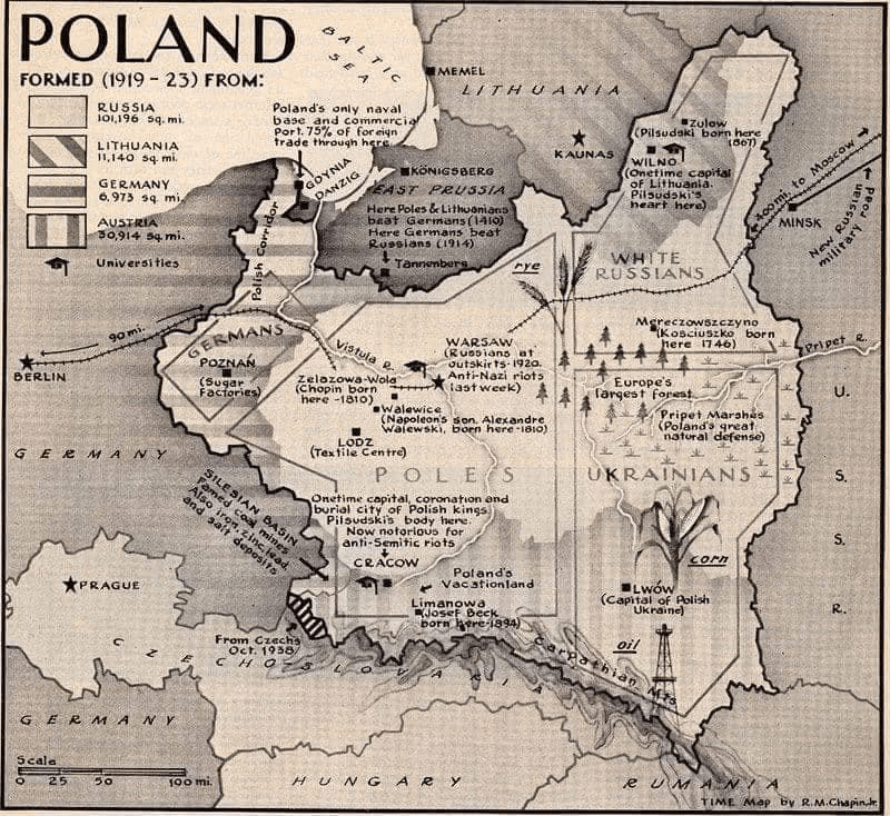 map of poland in American magazine "American Time", 1939.