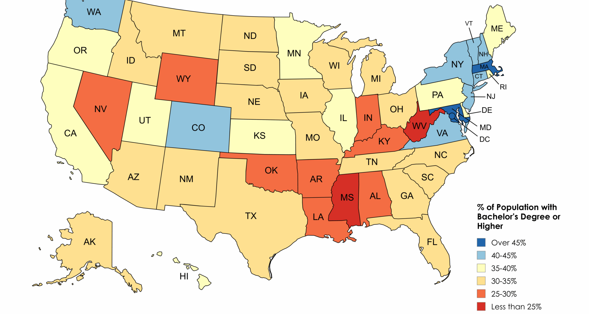[OC] Percentage of Population with Bachelor's Degree or Higher by U.S. State